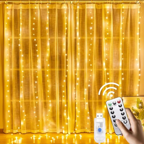 ACAREY Lichtervorhang Innen, 3mx3m Lichterkettenvorhang USB 8 Modi LED Lichterkette mit 12 Haken Fernbedienung Timer verstellbare Helligkeit für Weihnachten Party Innen und außen Deko (6M 600LED)