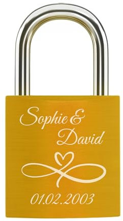 mtb more energy Graviertes Liebesschloss, frei gestaltbar mit vielen Farben, Motiven & Schriftarten - personalisiertes Liebes-Schloss Vorhängeschloss - individuelles Pärchen-Geschenk - Gelb