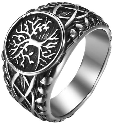 Cupimatch Anello Uomo Acciaio Inossidabile: Anello Sigillo Albero della Vita 13.5mm Gioielli Vichinghi Largo - Regalo Celtico Uomo Ragazzo Festa del Papà Misura 20
