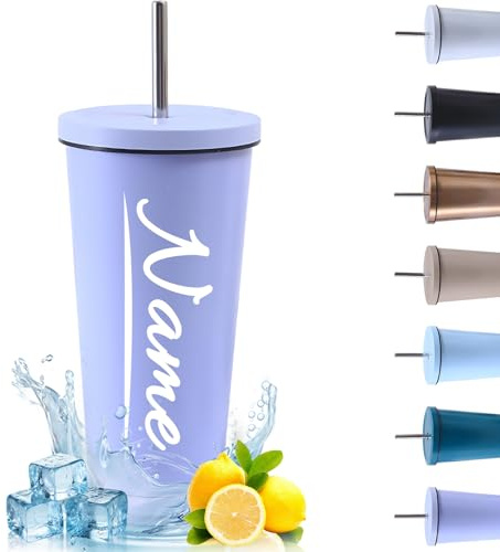 Thermobecher Personalisiert mit Namen Edelstahl Trinkbecher mit Deckel und Strohhalm Kaffeebecher to Go Thermobecher Spülmaschinenfest Autobecher Tumbler für Kalte Heiße Getränke (Lila, 750ml)