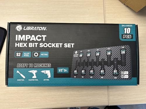 LIBRATON Impact Hex Bit Socket Set, 1/2 Dr, S2 Steel, 10PCS High Torque Sockets (Metric H5-H19) for Professional Mechanics & Automotive Repair (XPE Storage Case)