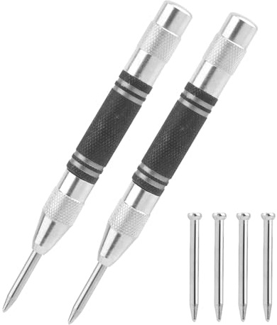 2 Pcs Automatic Center Punch, 5 Spring Loaded Center Punch, Steel Adjustable One-Handed Spring Impact Loaded Centre Hole Punchs, Hole Marker Tool for Glass Wood Thin Steel Sheets