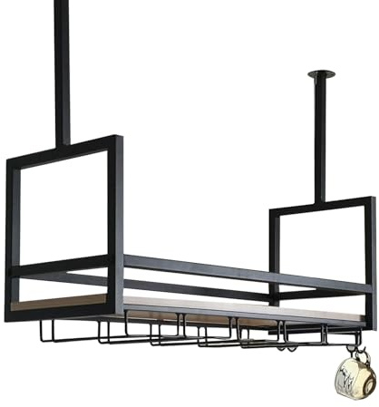Metal Iron Ceiling Mounted Shelf with Wine Glass Holder, Floating Shelves Kitchen Pot Pan Storage Rack, Wooden Hanging Flower Pot Stand & Display Shelves(80x30x60cm)