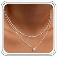 Meteorstarry Kette Silber 925/14K Damen,2 Stück Layerd Mehrreihige Silberkette 925/14K mit Cubic Zirkonia Anhänger,Wasserfester Halskette Boho Modeschmuck Geschenk für Frauen Mädchen 38/45 CM