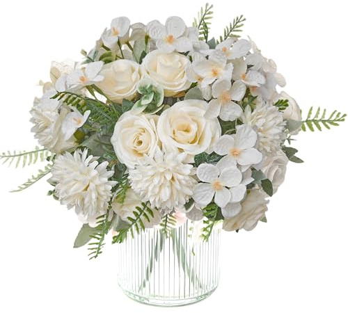 Kunstblumen Wie Echt KüNstliche Weiß Rosen 3pcs Blumenstrauß Seidenblumen | Kunstrosen Hortensien FrüHling Tisch Home Schlafzimmer Wohnzimmer Deko Hochzeitsdeko Brautstrauß Geburtstag Geschenk