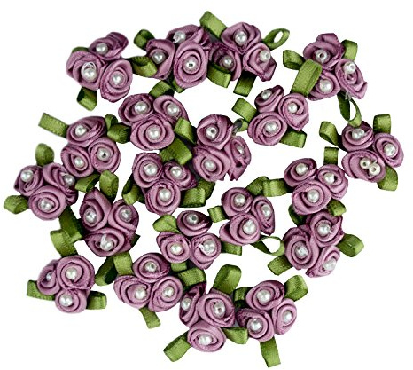 HAND Pretty 3 Pearls Lilac Rose Ribbon Roses Trims for Clothing and Accessory Embellishment - Pack of 20