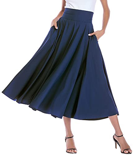 May Story Damen Retro Maxirock Hoher Taille Rockabilly Rock Lang Festlich Tellerrock Faltenrock (S (EU36-38), Blau)