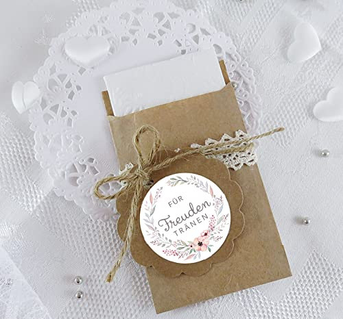 Freuden Tränen Taschentücher Set zur Hochzeit Klein 24 Sticker + 24 braune Flachbeutel - Kraftpapier - 63 x 93 mm für Freudentränen Taschentuch Verpackungen Aufkleber mit Blumenkranz in PASTELL Farben