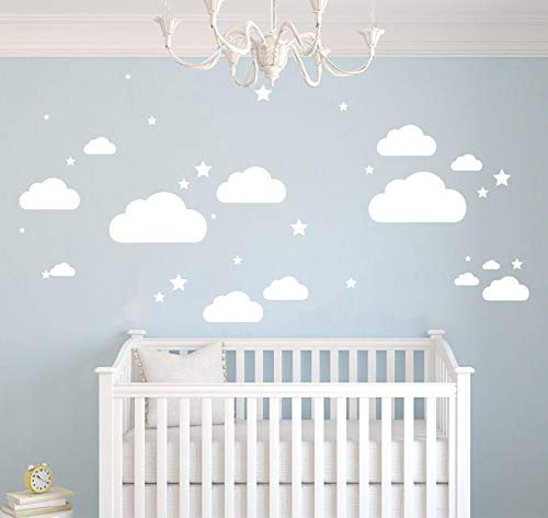 WANDKIND Wolken Sterne Set - 43 teilig - Wolke Wandtattoo Wandaufkleber Sticker Aufkleber Wölkchen Himmel - erhältlich in vielen Farben (Weiss)