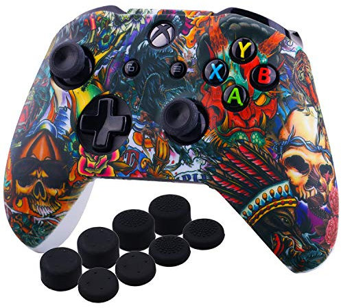 YoRHa Printing Rubber Silicone Cover Skin Case for Xbox One S/X Controller x 1(Beasts) With PRO Thumb Grips x 8