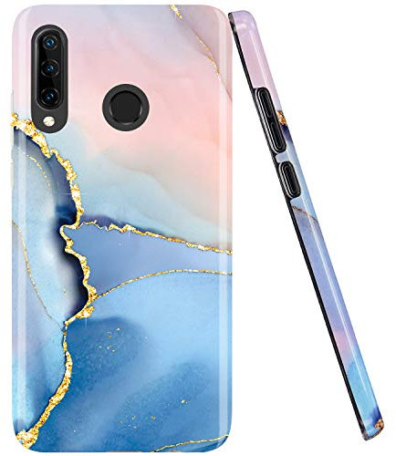 JAHOLAN Kompatibel mit Huawei P30 lite Hülle Handyhülle TPU Silikon Schutzhülle Handytasche Flexibel Handy Hülle Marmor Gold Glitter Sparkle Blue