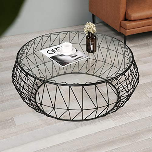 LHNLY-Beistelltische Moderner Couchtisch aus Glas für Wohnzimmer Skandinavischer Beistelltisch Wohnzimmertisch Glasplatte für Esskaffee Snack oder Lesetisch Rundes Design, Schwarz