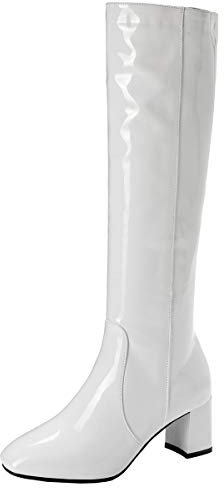 LUXMAX Donna Stivali Vernice al Ginocchio Polpaccio Tacco a Blocco Scarpe con Tacco Medio Grosso Cerniera (Bianco) - 37 EU