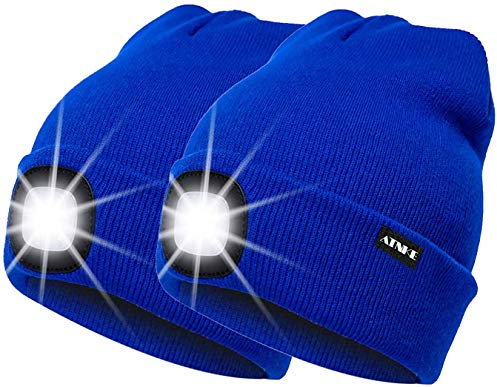 ATNKE 2Pcs Neue Warme LED beleuchtete Mütze,Unisex USB wiederaufladbare Laufmütze Ultra Bright 4 LED wasserdichte Lichtlampe Mehrfarbig/Blue