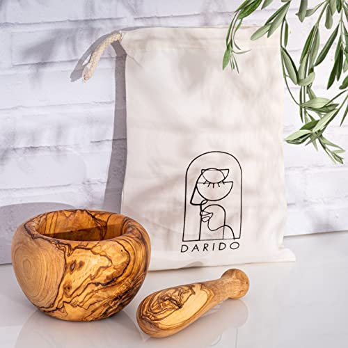 Pestle and Mortar by Darido - Olive Wood Pestle and Mortar Set - Sturdy Garlic Grinder - Healthy Herbs, Seeds, Nuts and Spices Crusher - Large Mortar Bowl - Ergonomic Pestle - Vintage Gift