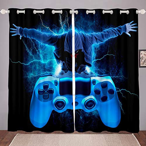 Tbrand Jungen Modern Gamer Blickdichte Vorhänge Blau Gamepad Fenstervorhang 137x117cm für Kinder Mädchen Spiel Controller Vorhänge Games Console Lightning Raumdekoration