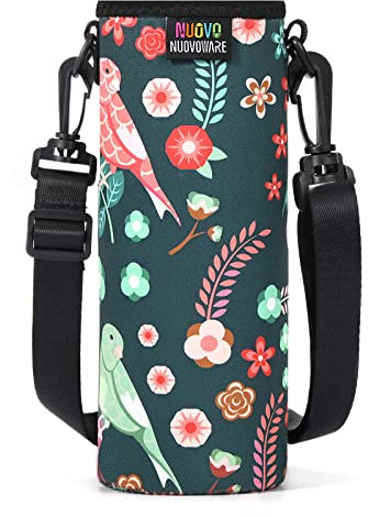 Nuovoware Porte-Bouteille en Néoprène Sac fourre-Tout 750ml avec Bandoulière Réglable, Portable et Isolé, Parfait pour Bouteille en Acier Inoxydable et en Plastique - Large, Fleur Verte