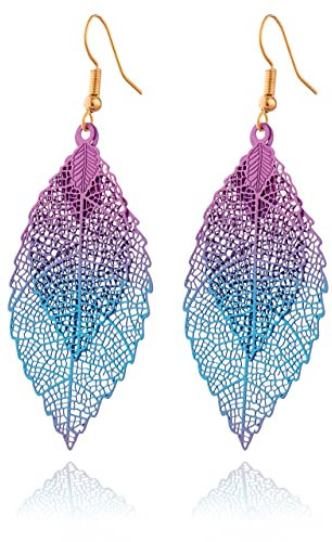 Selia farbenfrohe Sommer Trend Ohrringe in Blatt Optik - Elegant floral hängende BOHO Hängeohrringe - Natürliche bunte Hippie Beach Earrings für Damen (Shiny Purple)