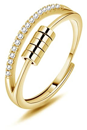 Deyanse Anti-Stress Ring - 925 Sterling Silber, Gold Zirkonia, Verstellbar, Offen Einstellbar für Frauen und Damen - Angst Spinner Fidget