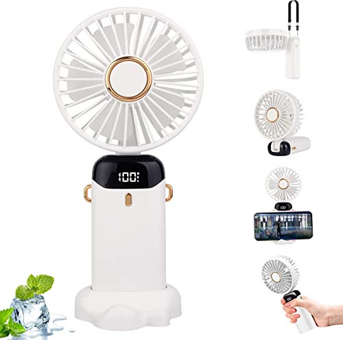 JOPHEK Handventilator, Mini Ventilator USB Ventilator Handventilator Akku 5000 mAh Ventilator Klein, mit Umhängeband (Weiß)