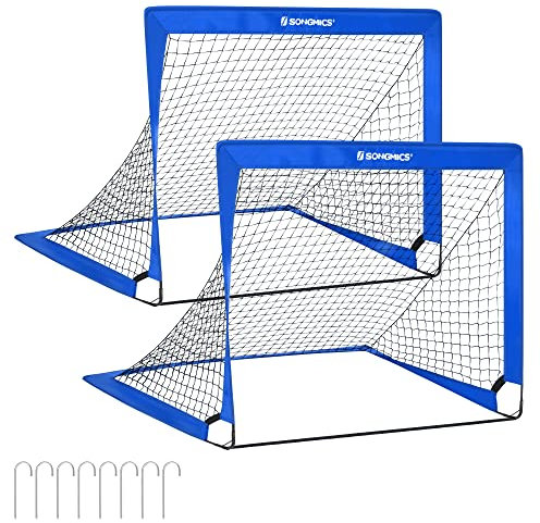 SONGMICS Set di 2 Porte da Calcio Pieghevoli per Bambini, Montaggio Veloce, in Giardino Parco Spiaggia, in Fibra di Vetro Elastico, Tessuto Oxford e Poliestere, Blu SZQ122Q02