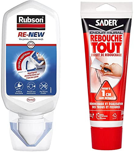 Rubson RE-NEW Blanc (1 x 80ml), mastic sanitaire blanc à base de silicone & Sader Rebouche Tout – Enduit de Rebouchage Intérieur Prêt à l’Emploi – Tous Supports