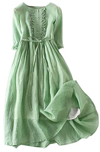 Cocila Abiti da Cerimonia Donna Abito da Viaggio da Viaggio di Media Lunghezza in Cotone e Lino con Scollo Rotondo a Doppio Vestito Maniche Lunghe