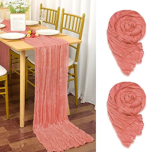 2 Stück Seihtuch Tischläufer Errötendes Rosa,90 x 300cm Pfirsich Käsetuch Tischläufer Rustikaler Gaze Stoff Boho Cheesecloth Hochzeit Tischläufer für Hochzeitsfeier Brautparty Tischdekoration