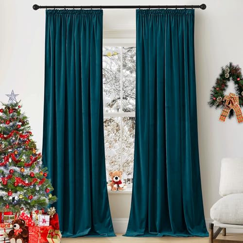 PONY DANCE Samt Gardinen Wohnzimmer Samtvorhang 2er Set H 260 x B 132 cm Thermogardinen Kälteschutz Samt Blickdichte Vorhänge mit Kräuselband Verdunklungsgardine, Pfauenblau (Gewicht: 300g/m²)