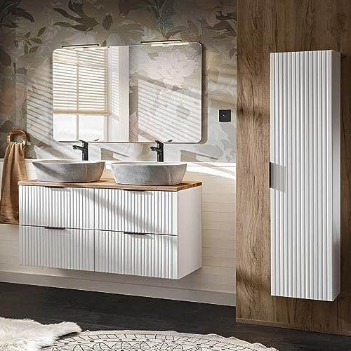 Lomadox Badmöbel Komplett Set matt weiß gerillt mit Eiche, 120 cm Doppel Waschtisch-Unterschrank mit 2 Keramik-Waschbecken, Spiegel mit LED-Beleuchtung, Hochschrank