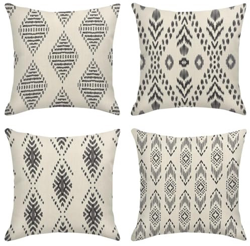 Sanwarm Deko-Kissenbezüge, Heimdekoration, Set mit 4 Tribal-Kissenbezügen, Schwarz / Weiß, Tribal Boho, Bohemian, Ikat, schwarz, dekorativ, 45,7 x 45,7 cm, Outdoor-Kissen, Couch, Sofa, Kissenbezüge