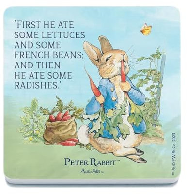Dekorativer Untersetzer (10 x 10 cm) – Beatrix Potter – Peter Hase – First he eat some salatuces…