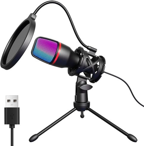 Hoppac Microfono USB PC Microfono Gaming, Micro a Condensatore con Shock-Mount, Filtro Pop e Treppiede, Plug & Play Microfono per PC, Laptop, PS4/5, Streaming, Podcasting, Registrazione