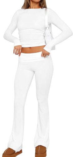 Azazaza Damen Skims Dupe Slim Fit 2 Stück Set Langarm Crop Top und Low Rise Flare Pants Yoga Trainingsanzug Lounge Set