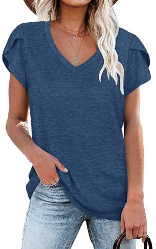Womens Summer Tops Ladies Casual Short Sleeve V Neck Basic Gym Wear T-Shirt (Dark Blue,L)