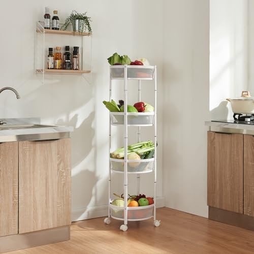 [en.casa] Carrito de Cocina Baño Oficina con 4 Cestas Redondas Plegable Verdulero Carro de Servicio con 4 Ruedas 2 con Freno Paredes Perforadas Acero 123xØ38cm - Blanco