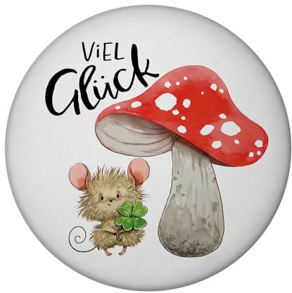 Maus mit Fliegenpilz Magnet mit Flaschenöffner rund mit Spruch Viel Glück Glücksbringer für Gesundheit Glück Klee Pilz Aquarell Originelle Grüße
