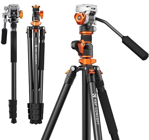 K&F Concept Treppiede Fotocamera 230 cm, Treppiede Video Professionale con Colonna Centrale 90°, Monopiede Staccabile, Testa Idraulica, Treppiede da viaggio in Alluminio per Camere DSLR Videocamere