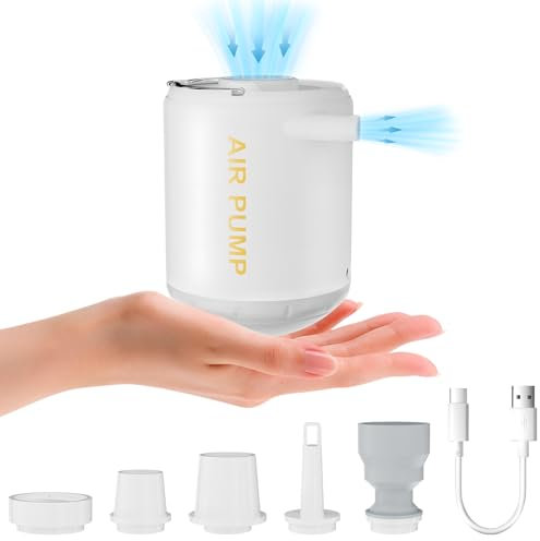 Mini Pump, Portable Gonfleur Matelas Gonflable 2000mAh Gonfleur Electrique avec Lampe, Pompe à Air avec 5 Buses Pompe Electrique, Gonfleur-Rapide pour Matelas, Piscine, Paddling Pool, Camping