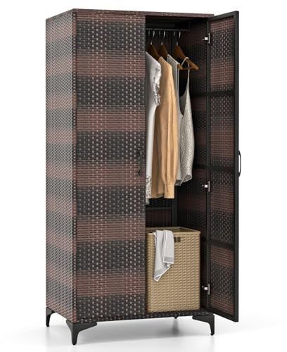 COSTWAY Armario Dormitorio de Mimbre con 2 Puertas, Armario Alto de Ratan con Barra para Colgar y 4 Cubos de Almacenamiento, Organizador de Ropa para Dormitorio Patio Garaje, 72x50x157cm (Marrón)