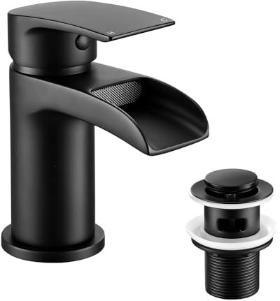 Peppermint Robinets de salle de bain noirs avec bonde pop-up - Robinets de lavabo cascade avec bonde de lavabo - Robinet moderne à poignée unique avec tuyaux d'eau chaude et froide