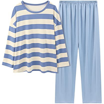 Pigiama Donna Seta Pigiama da Donna in Cotone Imitazione Tinta Unita a Righe comode da Donna Pigiama Donna Pesante Peloso Pigiama Gamer Adulto (Blue, XL)