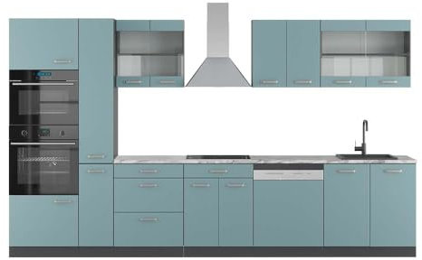Vicco Küchenzeile R-Line, Blau-Grau/Anthrazit, 350 cm mit Hochschrank, AP Marmor