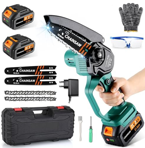 Mini Tronçonneuse à Batterie,6 Pouces Tronçonneuse Électrique sans Fil 2 Batteries 3000mAh&2 Chaînes,Lubrification Automatique&Tension de Chaîne sans Outil,pour la Coupe du bois,l'élagage le Jardin