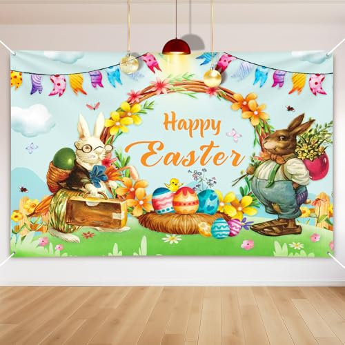 Bigqin 180 * 110cm Pancarta Pascua de Resurrección, Conejito Huevos de Pascua Banderillas para Fiestas Photocall Colorido Telón Fondo Decoracion, Adornos para Muro Patio Fondo Interiores Exteriore