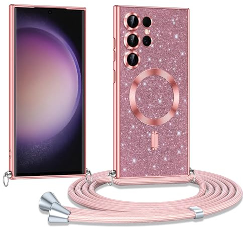 Phoona Coque pour Samsung Galaxy S23 Ultra avec Cordon, Etui à Paillettes Compatible avec MagSafe, Antichoc Protection Coque pour Magnétique avec Réglable Collier, Rosa