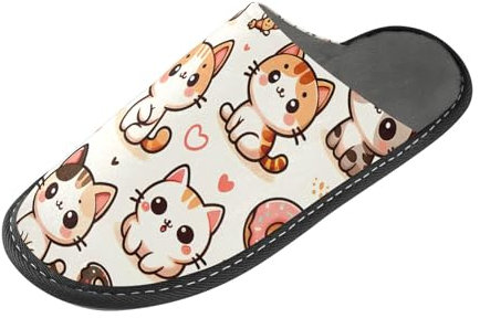OWFKAY Pantuflas sin cordones con diseño de gato y helado, cálidas y acogedoras, ligeras, de espuma viscoelástica, zapatos para interiores, multicolor, 44 EU