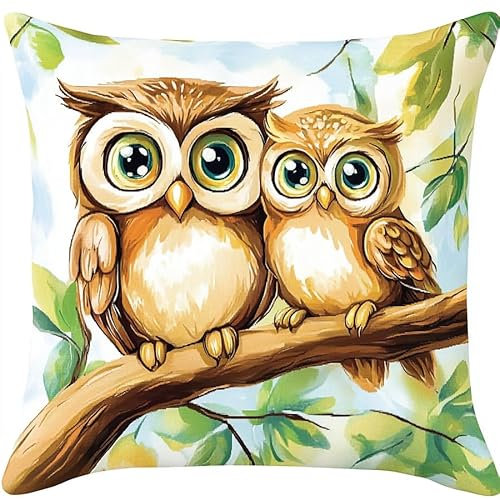 AxiangziK Cartoon-Tiere DIY Kreuzstichkissen,Eule auf Ast,Stickset,Kissenbezug,Stickset Anfänger Bastelsets für Erwachsene,Stickkissen,Handstickerei,18x18in