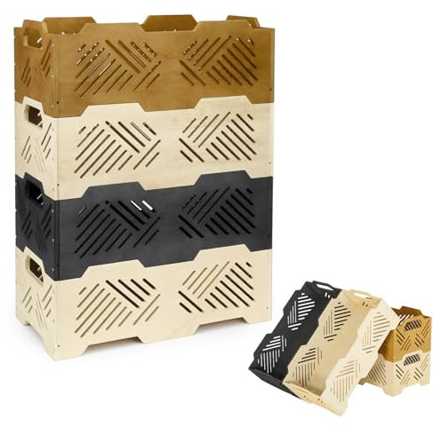Wuciray Stapelbare Aufbewahrungsboxen Holz Belüftung Holzbox ohne Deckel 4er Set mit Griffen 47x23x34 cm Stapelbare Holzkisten für kleiderschrank Büro Schlafzimmer Holzkiste Aufbewahrungskiste Holz