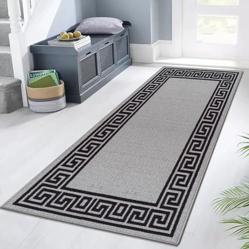 Rugs Inn Greeky Door Mat – Heavy Duty Washable Non Slip Mat for Kitchen Front Door Entrance Bedroom Living Room Floor Mat (Grey Black, 66 X 120 cm)